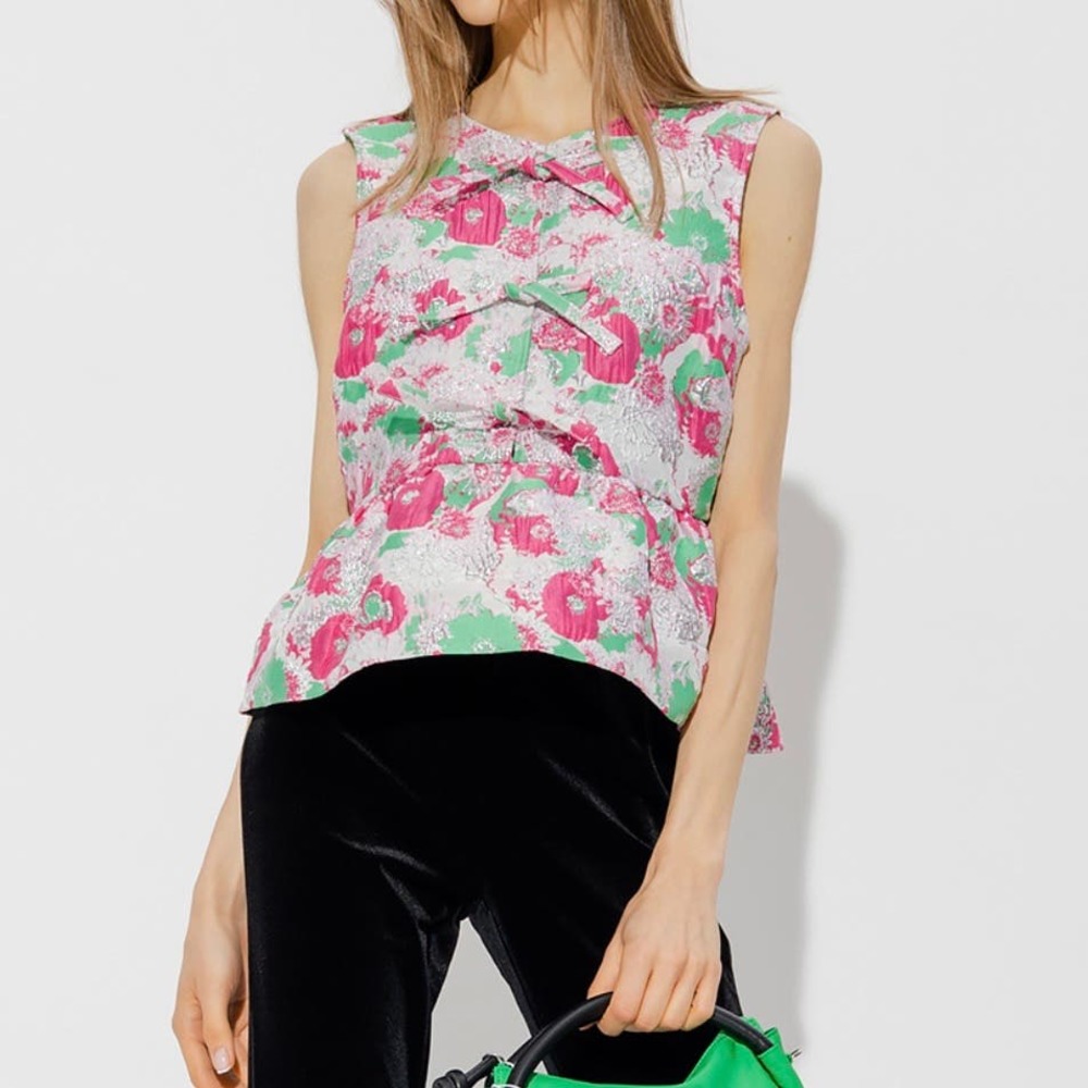 GANNI Floral jacquard Pink tie front top Size EU32 0 Sleeveless Metallic Peplum